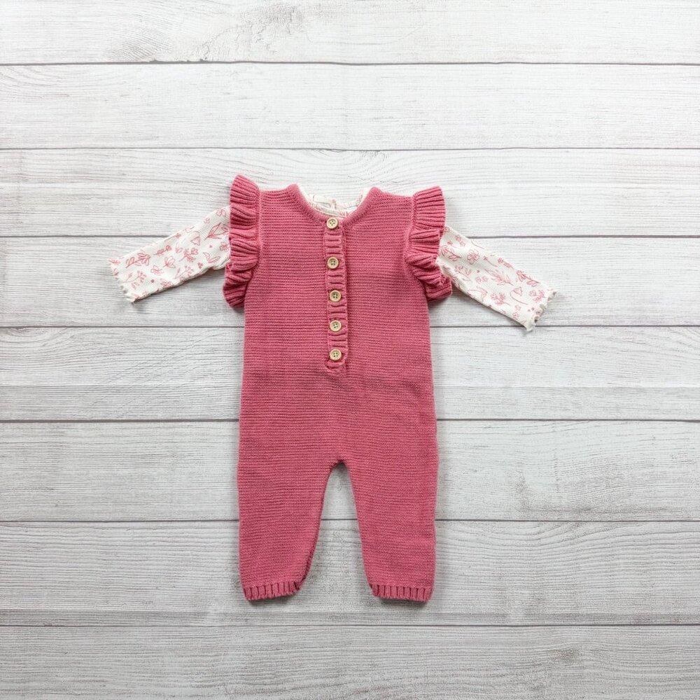 Charlotte & Star Baby Girl Knit Romper Set Ruffle Sleeve Floral Top 3-6 Months